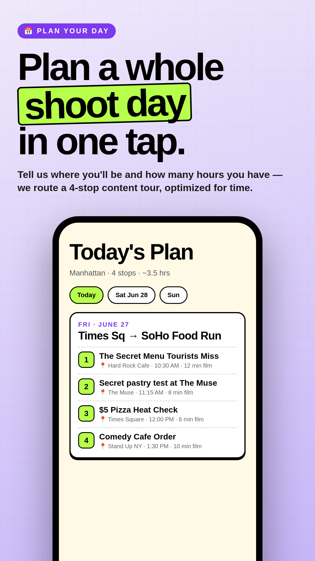Plan tab with multi-stop filming day